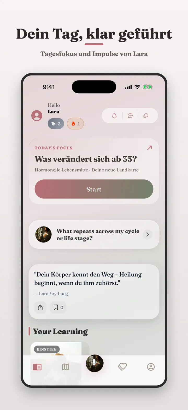 A screen from Lara Joy Lueg, Hormone 35+, built on Tribed.